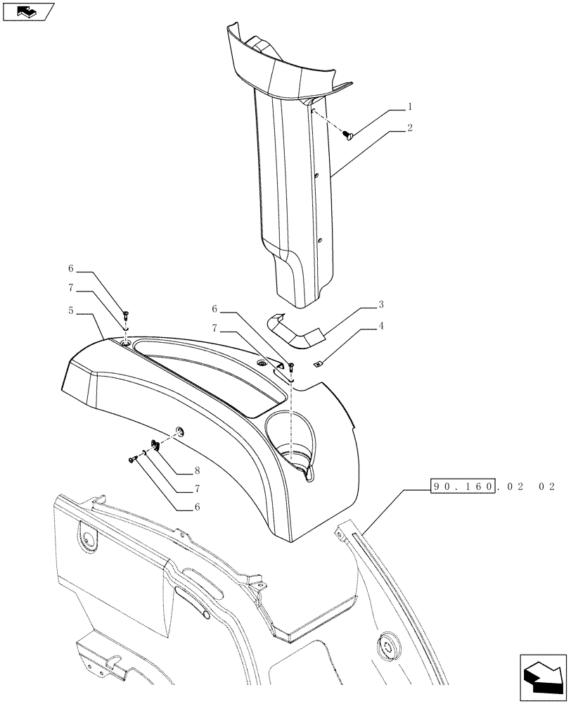 Схема запчастей Case IH FARMALL 65C - (90.160.02[01]) - CONTROLS COVER - LH - W/CAB (90) - PLATFORM, CAB, BODYWORK AND DECALS