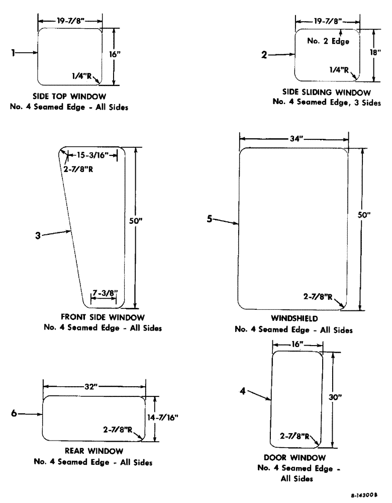 Схема запчастей Case IH 503 - (249) - CAB WINDOW GLASS DIMENSIONS, FRONT MOUNTED PRESSURIZED AIR FILTER (90) - PLATFORM, CAB, BODYWORK AND DECALS