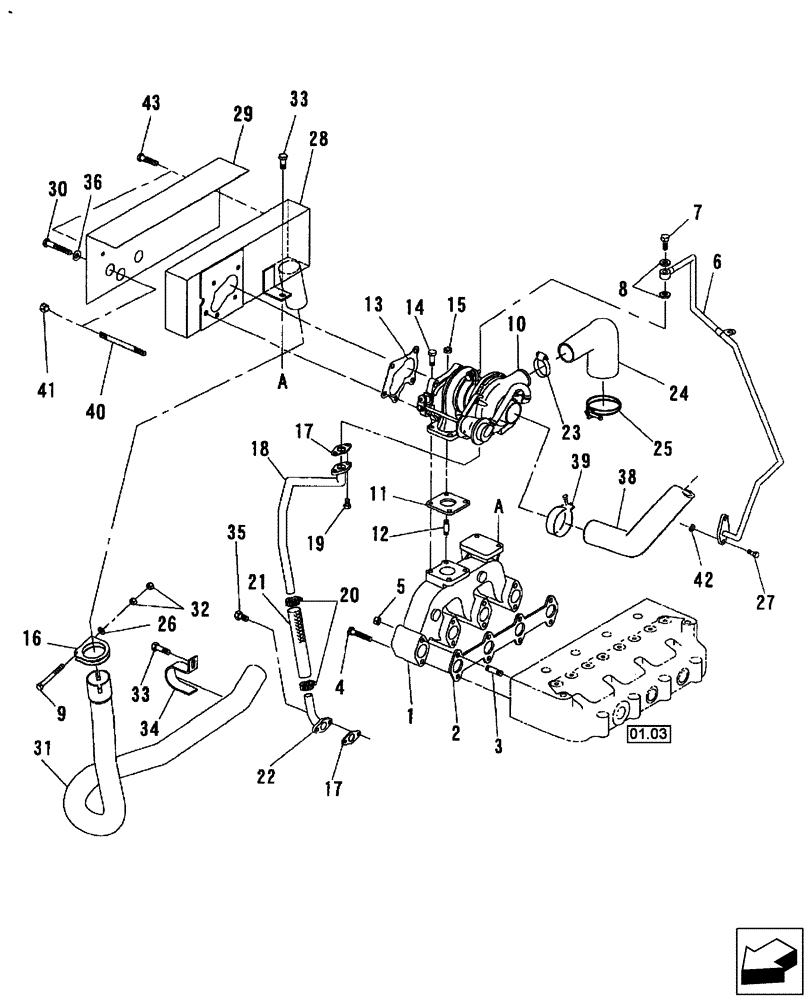 Схема запчастей Case IH DX55 - (02.03) - TURBOCHARGER & MANIFOLD EXHAUST (02) - ENGINE EQUIPMENT