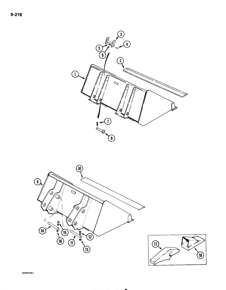 Схема запчастей Case IH 1818 - (9-218) - LOADER BCKT, 35" BCKT, 44" BCKT, BCKTS FOR USE W/OUT TOOL TACH, 35" BCKT, 44" BCKT, BCKT TEETH (09) - CHASSIS/ATTACHMENTS