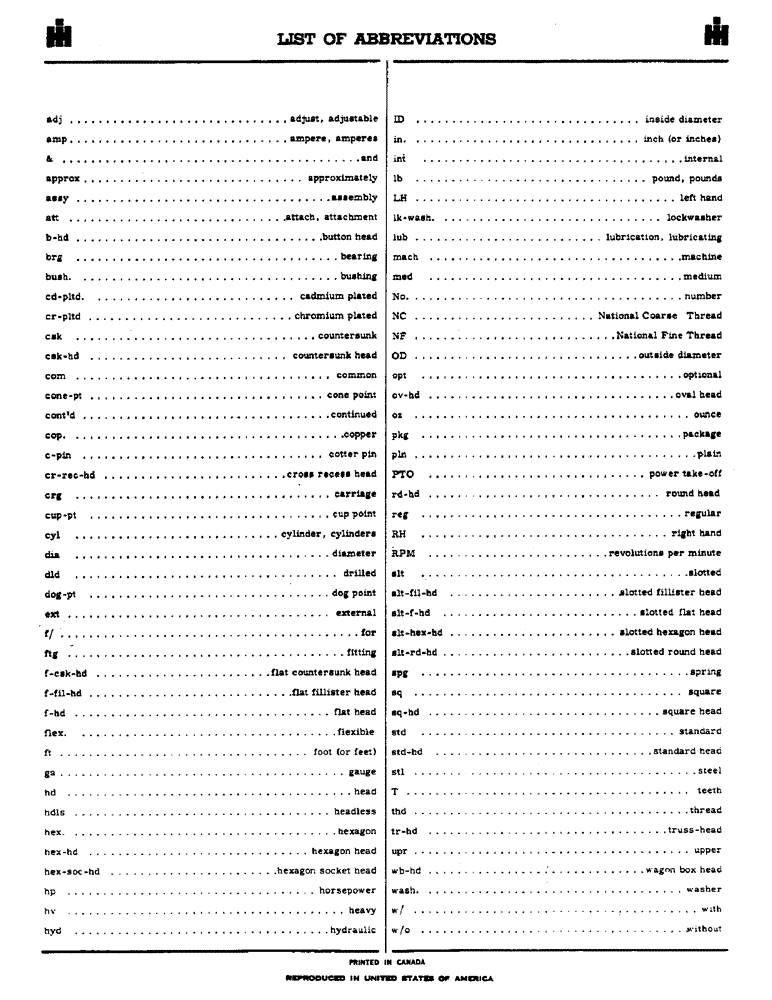 Схема запчастей Case IH 201 - (2) - LIST OF ABBREVIATIONS (05) - SERVICE & MAINTENANCE