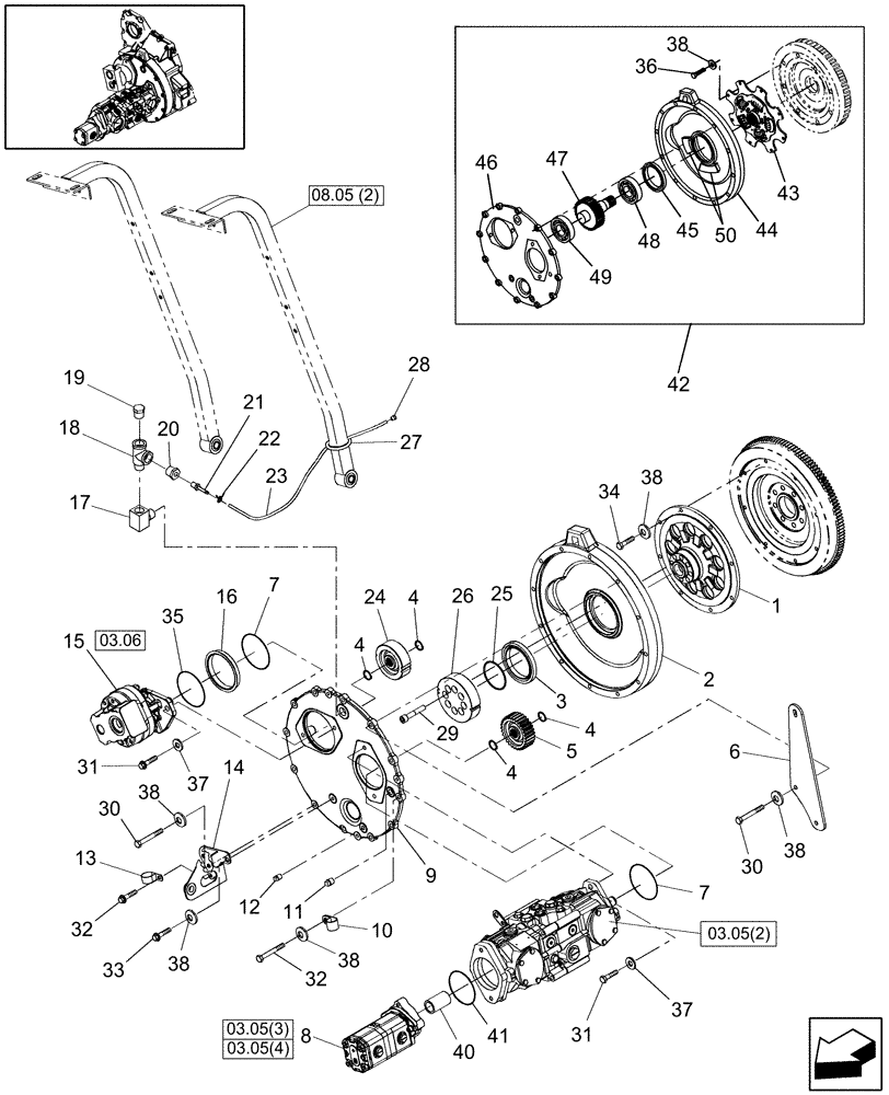 Схема запчастей Case IH WD1903 - (03.10[2]) - FLYWHEEL AND GEARBOX, P.I.N. Y8G661654 & PRIOR (03) - TRANSMISSION