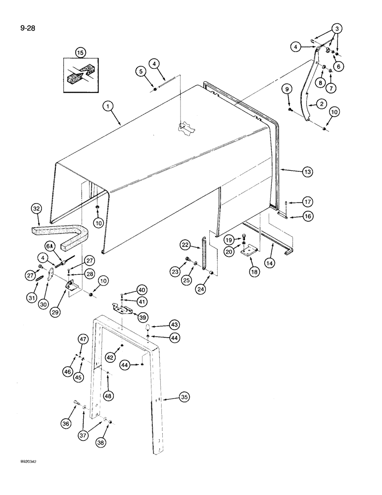 Схема запчастей Case IH 9230 - (9-028) - HOOD AND REAR SUPPORT, WITH ONE PIECE HOOD LATCH AT REAR SUPPORT (09) - CHASSIS/ATTACHMENTS