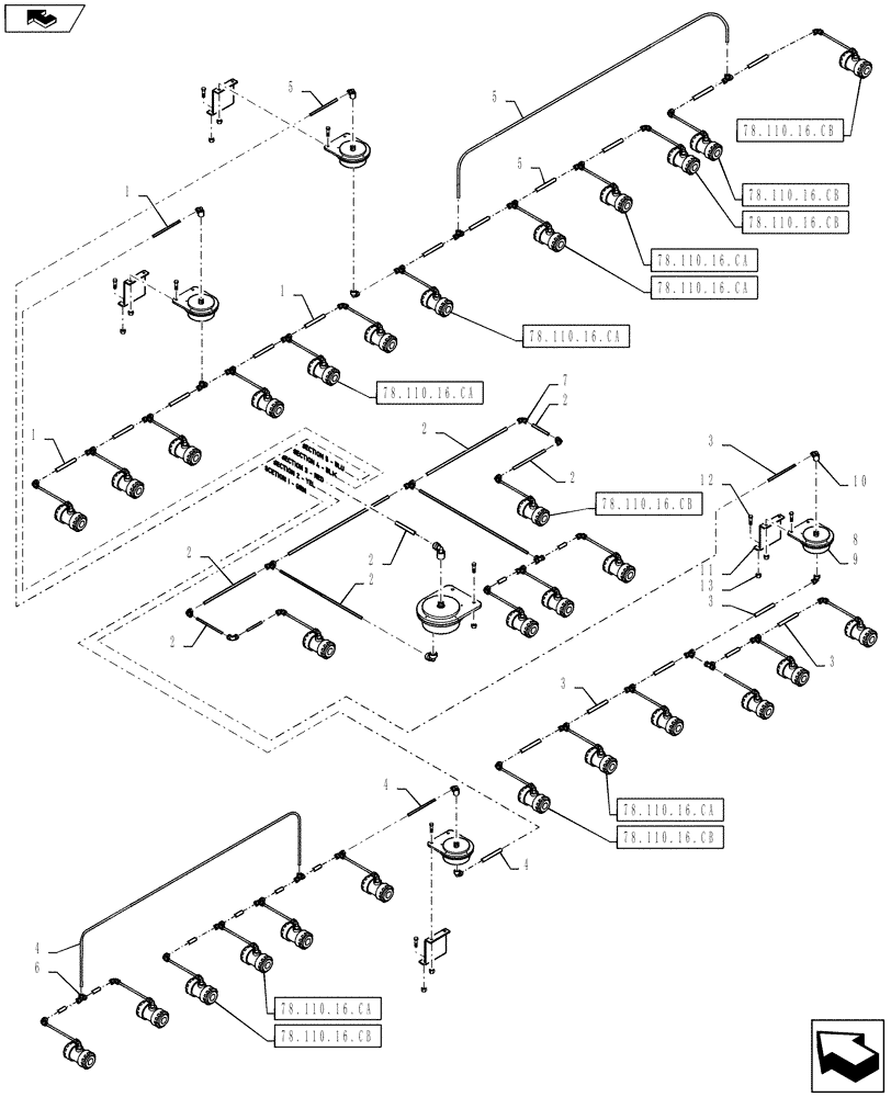 Схема запчастей Case IH 610 - (78.110.16.AB) - NOZZLE PLUMBING, 70 BOOM, 30" SPACING, 5 SECTION CONTROL (78) - SPRAYING