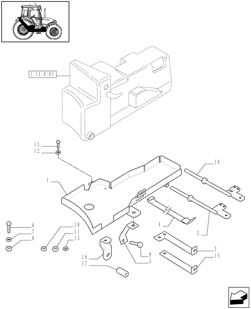 Схема запчастей Case IH JX95 - (1.14.7/01) - (VAR.042) AUXILIARY FUEL TANK (34L.) - SUPPORT (02) - ENGINE EQUIPMENT