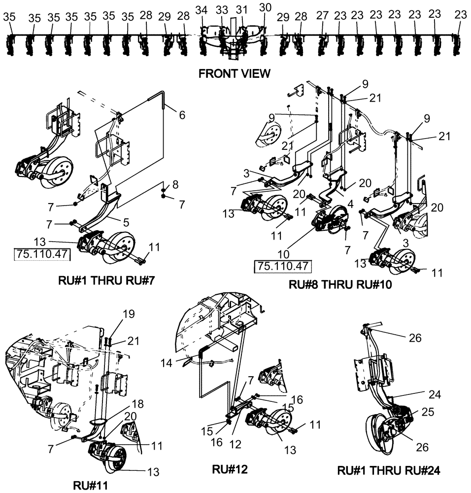 Схема запчастей Case IH 1250 - (75.110.44[01]) - LIQUID FERTILIZER COULTER LAYOUT - 24 ROW (75) - SOIL PREPARATION