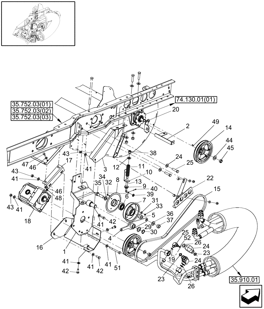 Схема запчастей Case IH 7120 - (35.910.04[01]) - CLEANING FAN DRIVE MOUNTING, NARROW TIRE OPTION - FROM MY2010 EUROPEAN ONLY (35) - HYDRAULIC SYSTEMS