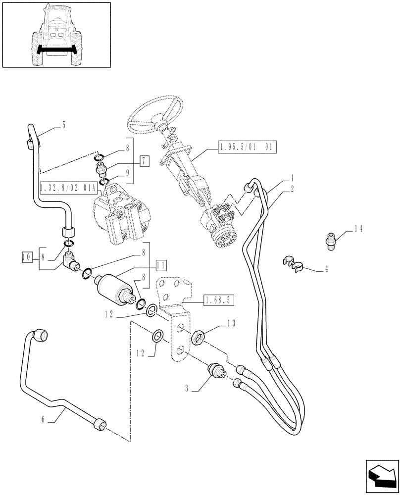 Схема запчастей Case IH MAXXUM 130 - (1.42.0/02[01A]) - POWER STEERING DELIVERY AND RETURN PIPES FOR 16X16 AND 17X16 TRANSMISSION - D6562 (04) - FRONT AXLE & STEERING