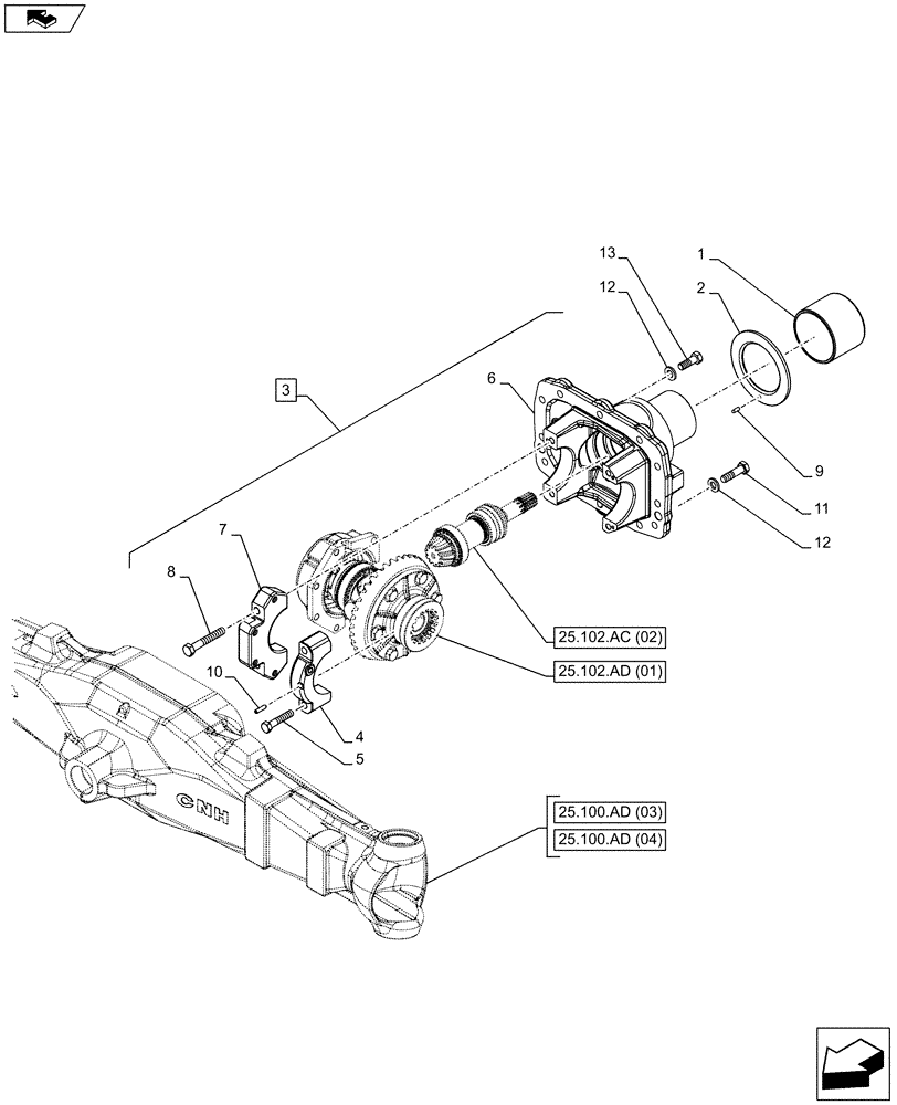 Схема запчастей Case IH FARMALL 95C - (25.102.AC[07]) - VAR - 337323, 338323 - 4WD FRONT AXLE, DIFFERENTIAL CARRIER, W/HYDRAULIC DIFFERENTIAL LOCK (HEAVY DUTY) (25) - FRONT AXLE SYSTEM