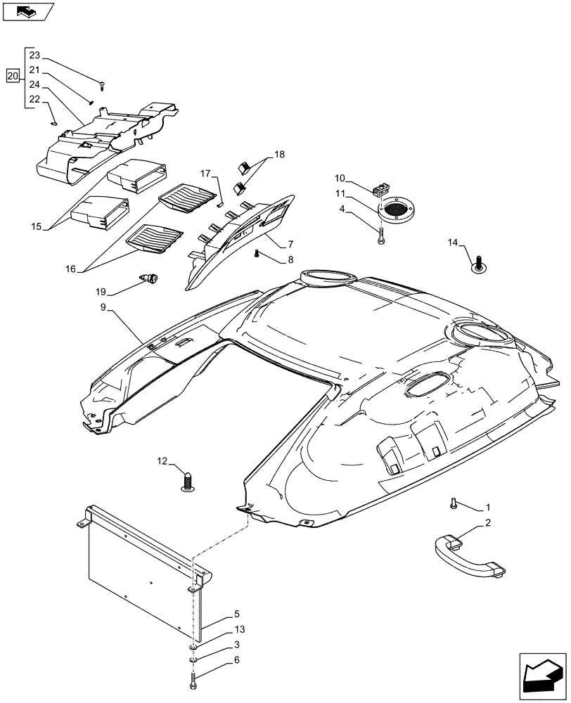 Схема запчастей Case IH PUMA 215 - (90.150.0302[04A]) - ROOF WITH HIGH PROFILE WITH HIGH VISIBILITY PANEL - HEADLINER (VAR.728070-729096-729097-743229-743628) - D9018 (90) - PLATFORM, CAB, BODYWORK AND DECALS