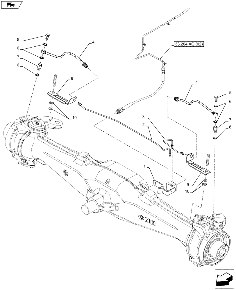 Схема запчастей Case IH FARMALL 115C - (33.204.AG[01]) - VAR - 743561, 338323 - 4WD FRONT AXLE, W/HYDRAULIC DIFFERENTIAL LOCK AND BRAKE, BRAKE LINES (33) - BRAKES & CONTROLS