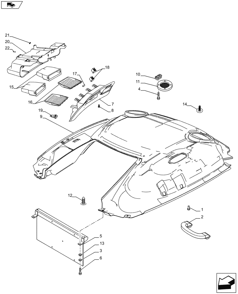 Схема запчастей Case IH PUMA 160 - (90.160.09[01A]) - VAR - 330827, 743710 - ROOF WITH HIGH PROFILE WITH HIGH VISIBILITY PANEL - HEADLINER - ISO - D9018 (90) - PLATFORM, CAB, BODYWORK AND DECALS
