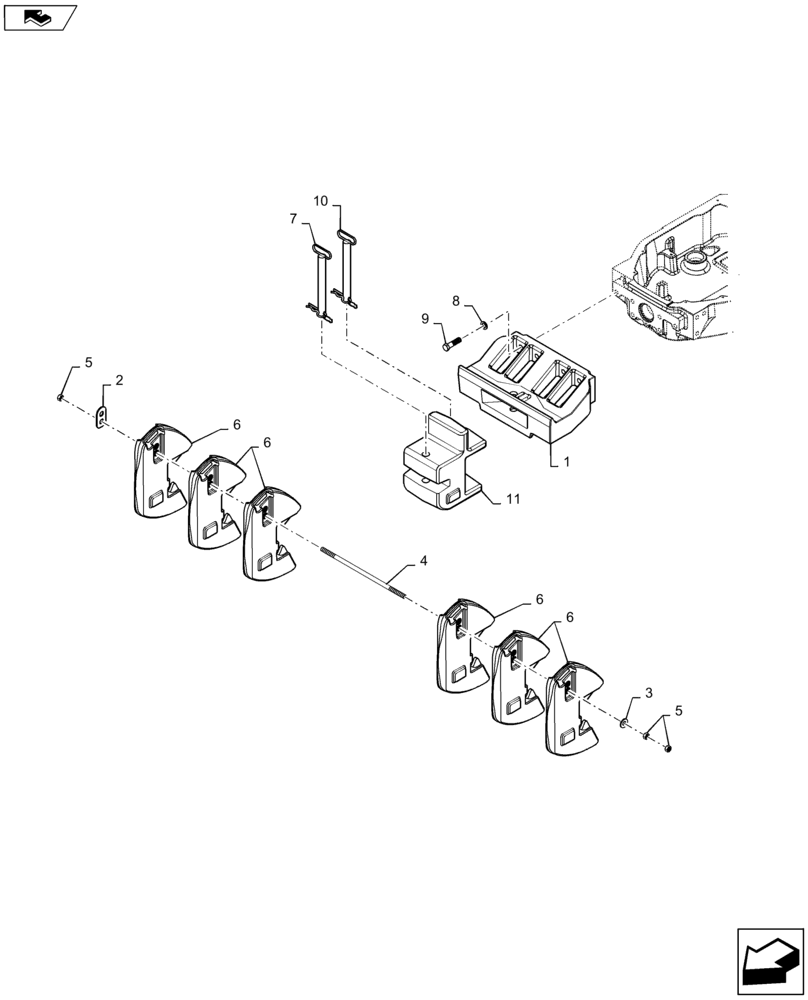 Схема запчастей Case IH MAXXUM 125 - (39.140.AF[05]) - VAR - 330224, 743704 - FRONT WEIGHT CARRIER AND 6 WEIGHTS WITH PULL HOOK (39) - FRAMES AND BALLASTING
