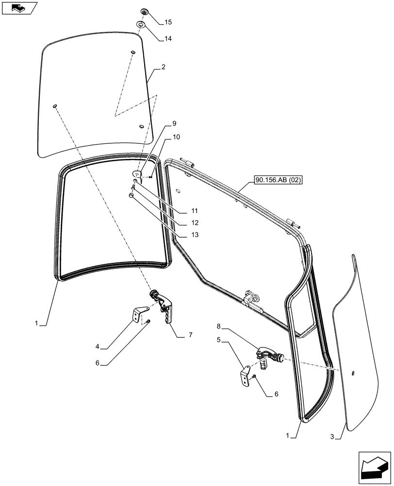 Схема запчастей Case IH FARMALL 115C - (90.156.AB[03]) - VAR - 331606, 743573, 334179, 334180, 334183, 334185, 334211, 744588, 336606 - CAB GLASS, REAR (90) - PLATFORM, CAB, BODYWORK AND DECALS