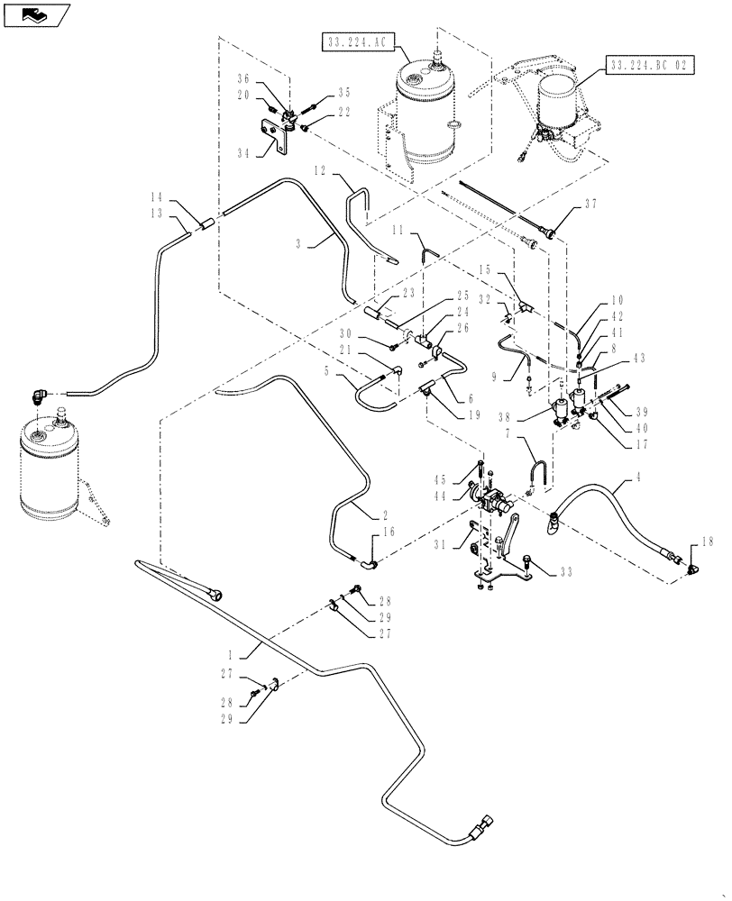 Схема запчастей Case IH MAGNUM 3154 - (33.224.BC[01]) - POWERSHIFT - TRAILER BRAKE PLUMBING, AND VALVE & FILTER ASSY (33) - BRAKES & CONTROLS