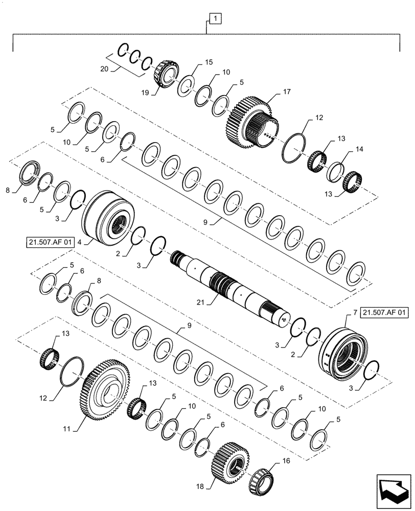Схема запчастей Case IH MAGNUM 370 - (21.507.AG[06]) - TRANSMISSION - CVT - SHAFT ASSY., RANGE 1 & 2 (21) - TRANSMISSION