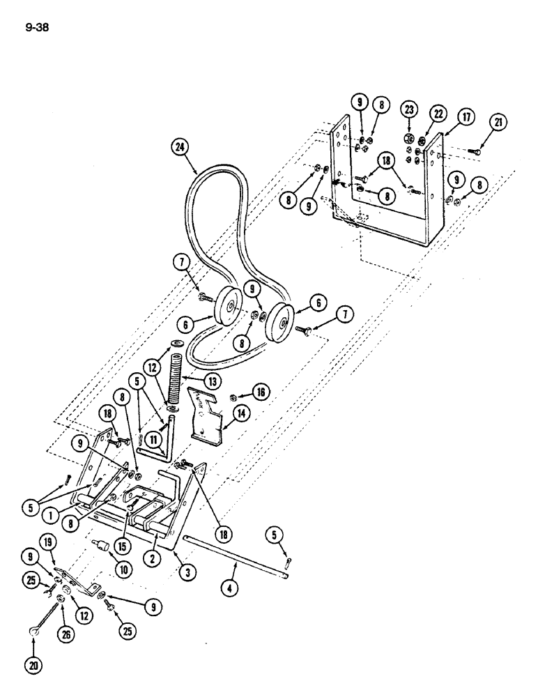 Схема запчастей Case IH 60MB - (9-038) - FRONT DRIVE BELT AND IDLER PULLEY MOUNTING, 60MB MOWER (03) - CHASSIS/MOUNTED EQUIPMENT