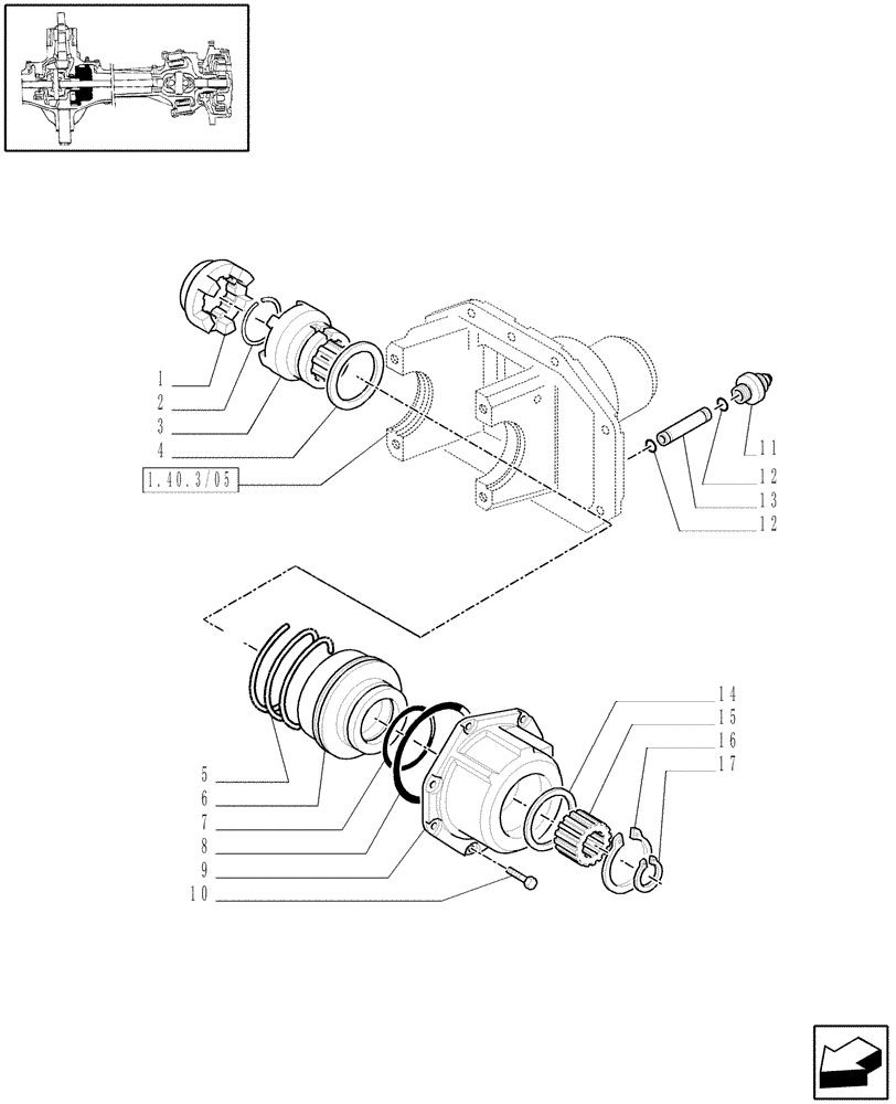 Схема запчастей Case IH MAXXUM 130 - (1.40. 3/07[02A]) - (CL.3) FRONT AXLE WITH DOG CLUTCH AND STEERING SENSOR - DIFFERENTIAL LOCK - D5954 (VAR.330409) (04) - FRONT AXLE & STEERING