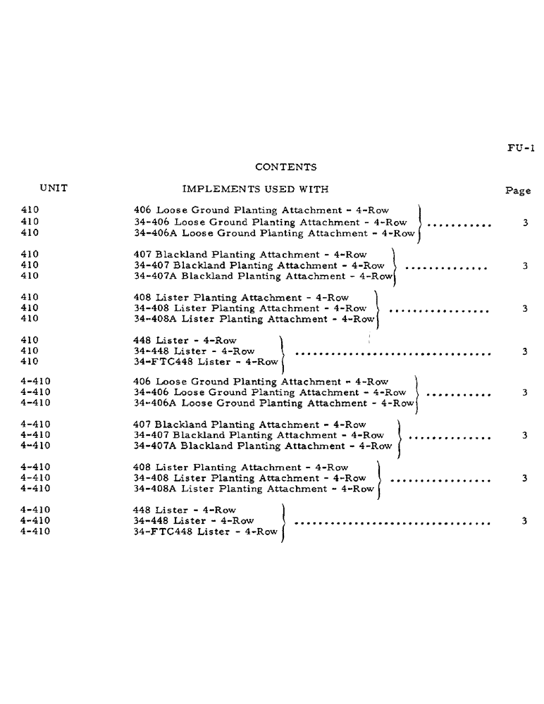 Схема запчастей Case IH 4-410 - (AG-1) - CONTENTS - IMPLEMENTS USED WITH 