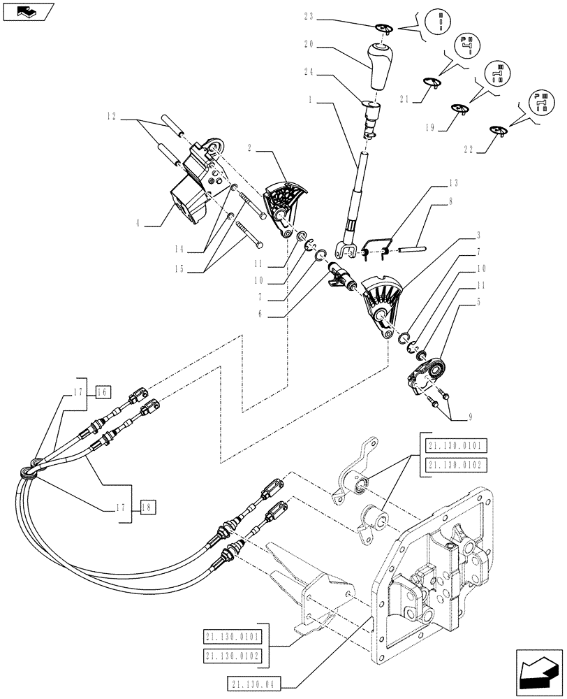 Схема запчастей Case IH FARMALL 65C - (21.130.03) - RANGE SELECTOR AND CABLES - NAR (21) - TRANSMISSION