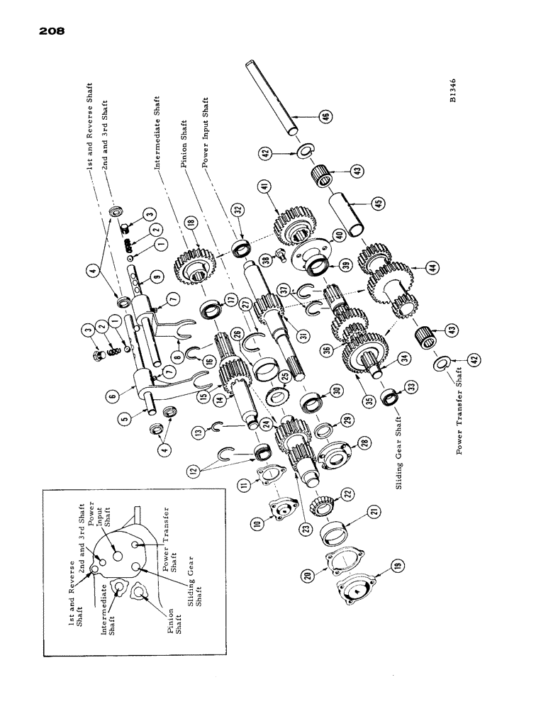 Схема запчастей Case IH 1660 - (208) - TRANSMISSION, SHIFTER FORK AND SHAFTS, INTERMEDIATE SHAFT (14) - MAIN GEARBOX & DRIVE