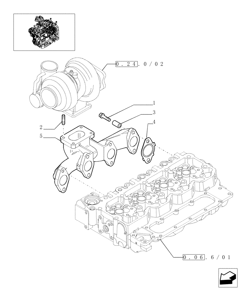 Схема запчастей Case IH MAXXUM 120 - (0.07.7/01) - EXHAUST MANIFOLD (STD + VAR.330003-332115-332116) (01) - ENGINE