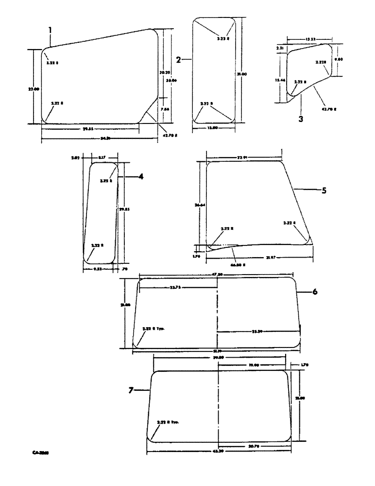 Схема запчастей Case IH 1468 - (13-27) - SUPERSTRUCTURE, DELUXE TRACTOR CAB, GLASS DIMENSIONS (05) - SUPERSTRUCTURE