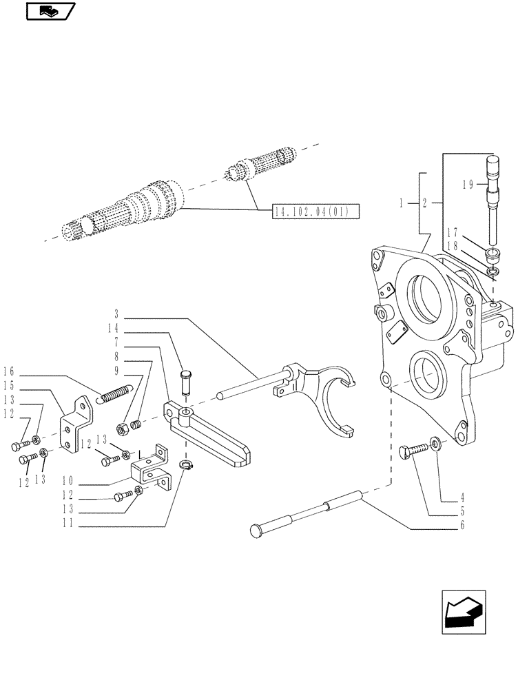 Схема запчастей Case IH MAGNUM 180 - (14.102.04[02]) - PTO 540/1000 RPM, SUPPORT & ENGAGEMENT, WITH POWERSHIFT TRANSMISSION (14) - MAIN GEARBOX & DRIVE
