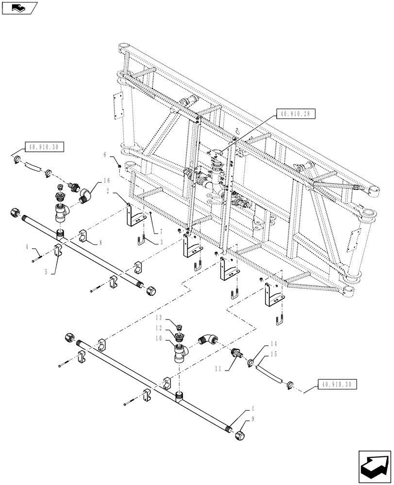 Схема запчастей Case IH 4430 - (40.910.35) - SPRAYBAR, CENTER SECTION, 20" NOZZLE SPACING, OFF CENTER, 6 SECTION, 90/100 BOOM (40 ) - PLUMBING