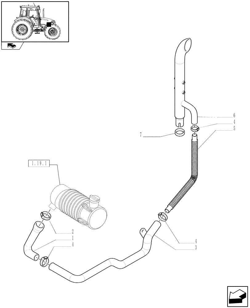 Схема запчастей Case IH FARMALL 90 - (1.15.1/01) - DRY AIR CLEANER WITH DUST EJECTOR - SILENCER (MUFFLER) (VAR.330199) (02) - ENGINE EQUIPMENT