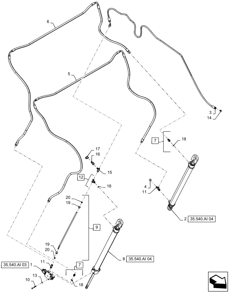 Схема запчастей Case IH RB465 - (35.540.AI[04]) - VAR - 726815 - BALE TENSION HYDRAULICS, DUAL CYLINDER ASSEMBLY, YFN188618 AND PRIOR (35) - HYDRAULIC SYSTEMS