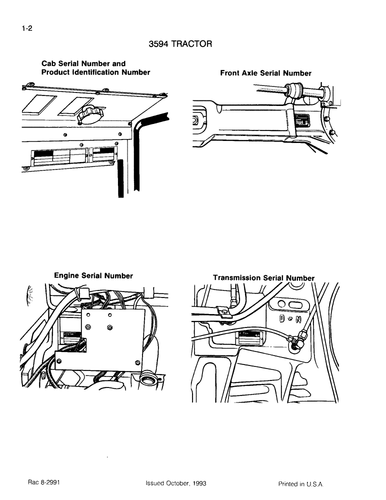Схема запчастей Case IH 3594 - (1-02) - CAB SERIAL NUMBER AND PRODUCT IDENTIFICATION NUMBER, FRONT AXLE SER. NO & ENG. SER NO.,TRAN. SER NO. (00) - PICTORIAL INDEX