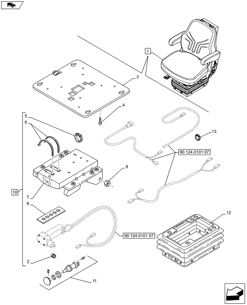 Схема запчастей Case IH FARMALL 65C - (90.124.0101[05]) - DRIVER SEAT, W/ CAB (VAR.332850) - END YR 25-JUL-2013 (90) - PLATFORM, CAB, BODYWORK AND DECALS