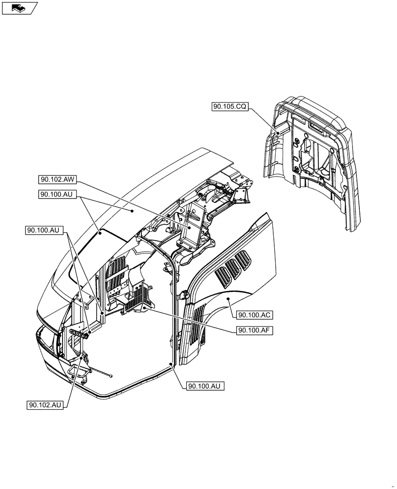 Схема запчастей Case IH FARMALL 85C - (90.000.00[01]) - SECTION INDEX - PLATFORM, CAB, BODYWORK AND DECALS (90) - PLATFORM, CAB, BODYWORK AND DECALS