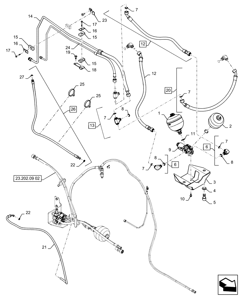 Схема запчастей Case IH MAGNUM 190 - (23.202.09[01]) - CVT - HYDRAULIC SYSTEM, SUSPENDED CNH FRONT AXLE CL 4.75 (23) - FOUR WHEEL DRIVE SYSTEM