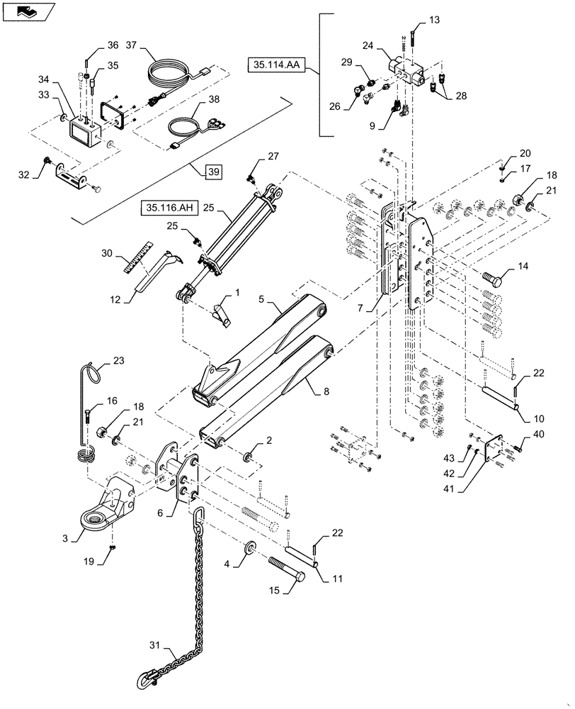 Схема запчастей Case IH 1625 - (39.110.AM[02]) - HYDRAULIC HITCH MOUNTING (39) - FRAMES AND BALLASTING