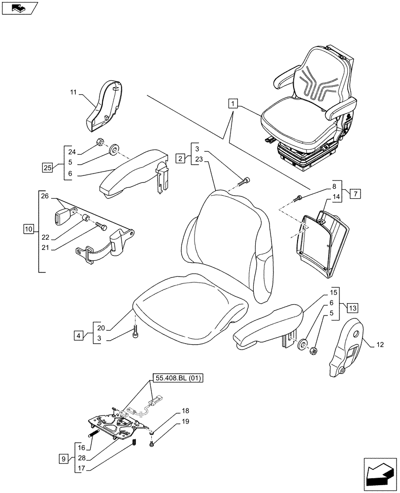 Схема запчастей Case IH FARMALL 115C - (90.124.AE[12]) - VAR - 332850 - DRIVER SEAT, W/ CAB - END YR 18-AUG-2013 (90) - PLATFORM, CAB, BODYWORK AND DECALS