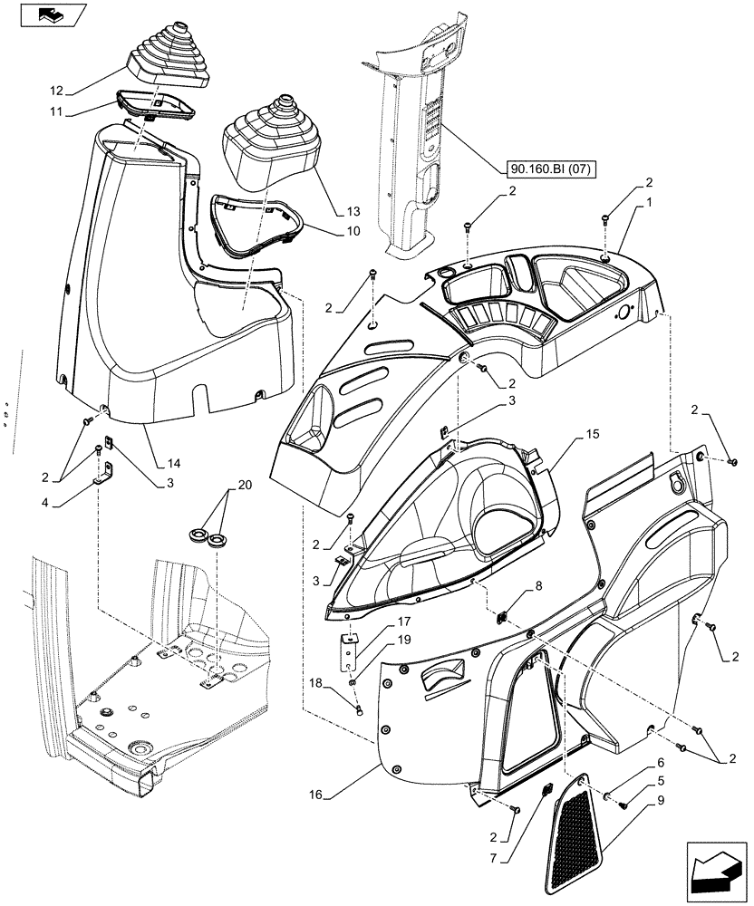 Схема запчастей Case IH FARMALL 115C - (90.160.BL[01]) - VAR - 390124 - CAB INTERIOR TRIM, RIGHT SIDE (90) - PLATFORM, CAB, BODYWORK AND DECALS