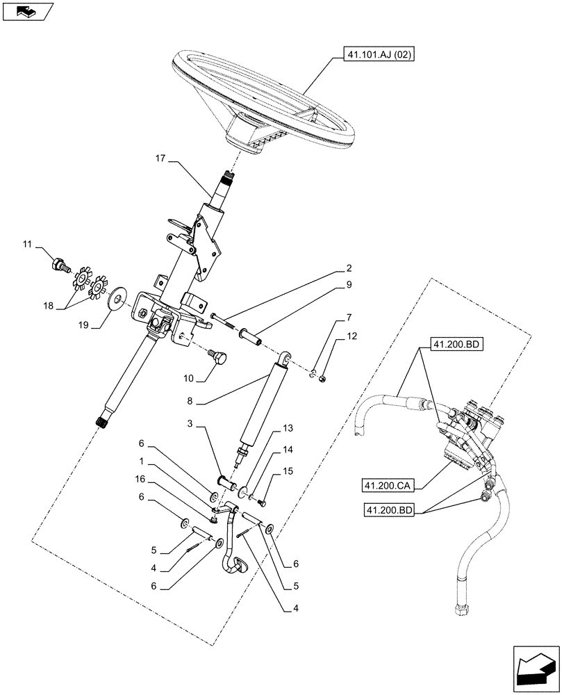 Схема запчастей Case IH FARMALL 115C - (41.101.AF[02]) - VAR - 391606, 743573, 7434496, 334179, 334180, 334183, 334185, 334211, 744588, 336606 - STEERING COLUMN, W/ CAB (41) - STEERING