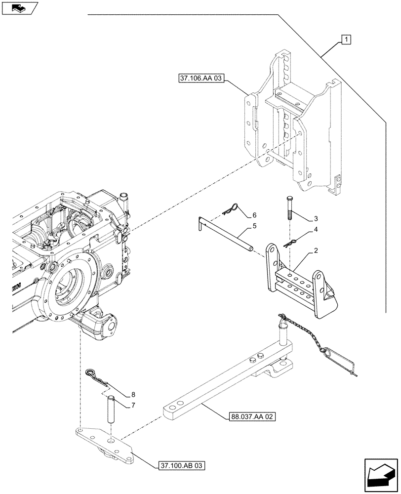 Схема запчастей Case IH FARMALL 105U - (88.037.AA[03]) - DIA KIT - DRAWBAR ANH HITCH - DRAWBAR - SUPPORT - ISO (88) - ACCESSORIES