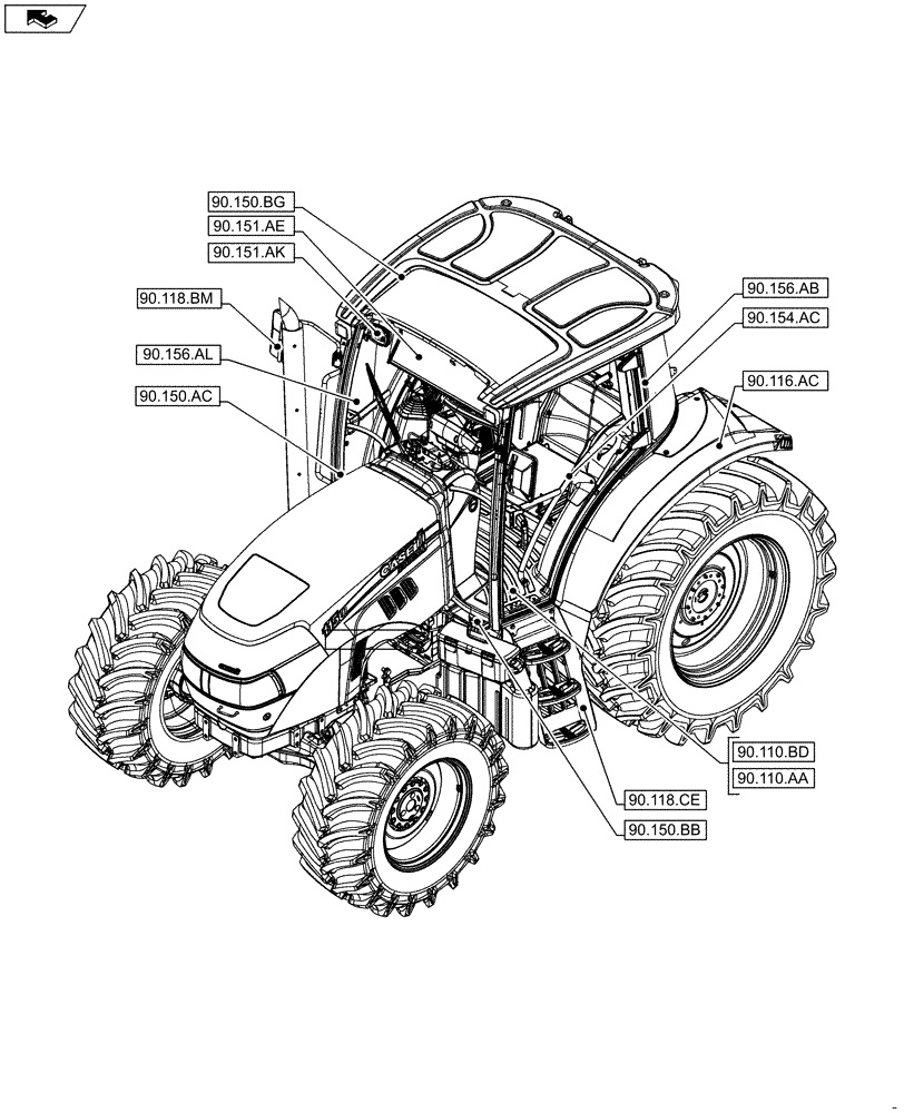 Схема запчастей Case IH FARMALL 85C - (90.000.00[02]) - SECTION INDEX - PLATFORM, CAB, BODYWORK AND DECALS (90) - PLATFORM, CAB, BODYWORK AND DECALS