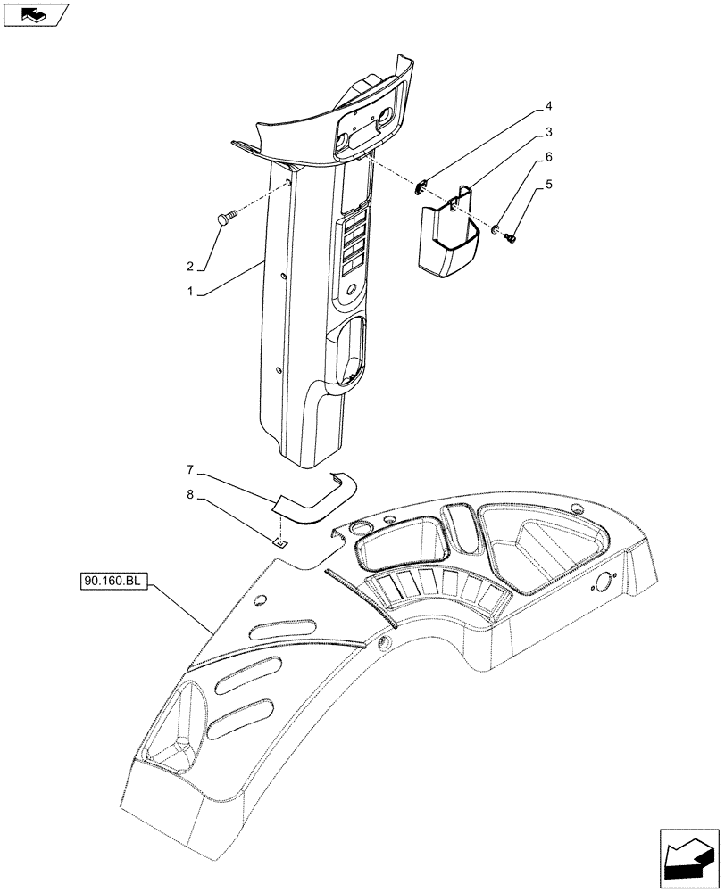 Схема запчастей Case IH FARMALL 115C - (90.160.BI[07]) - VAR - 390124, 336125, 338125 - PILLAR, RIGHT SIDE (90) - PLATFORM, CAB, BODYWORK AND DECALS