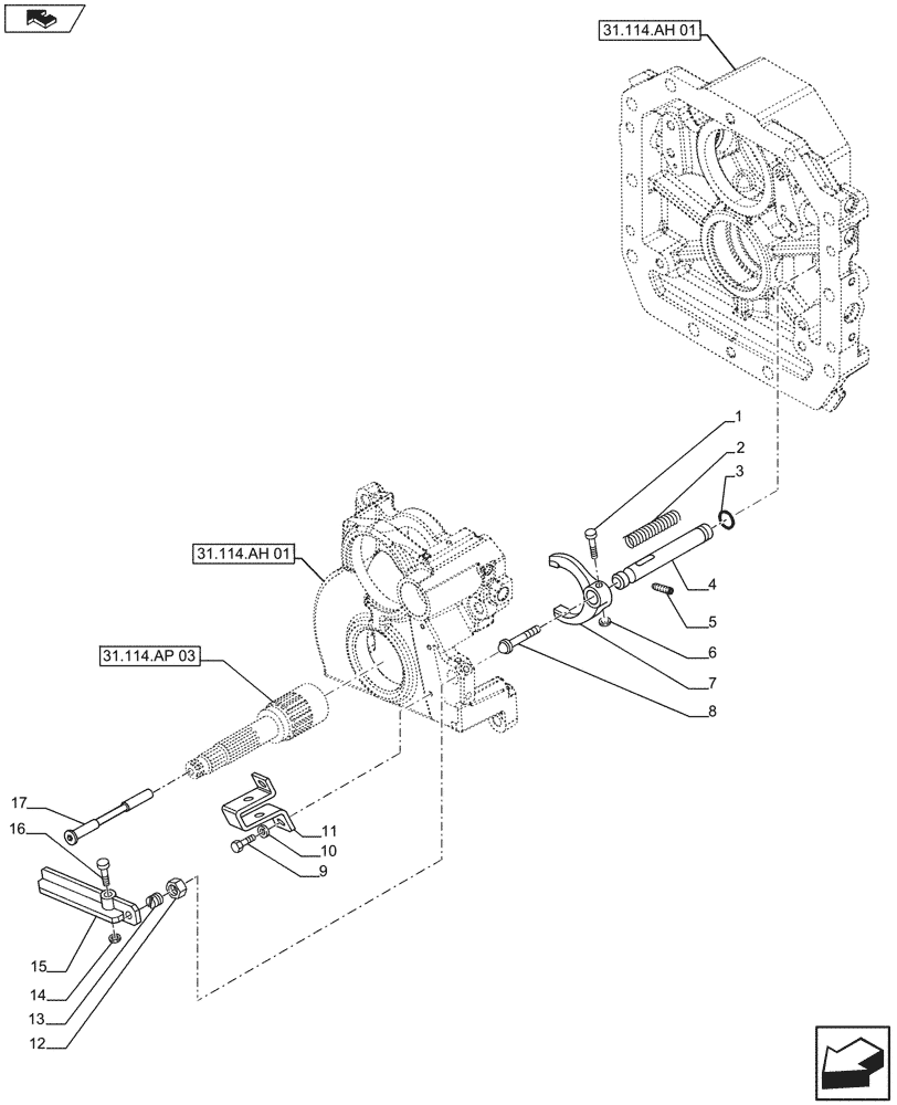 Схема запчастей Case IH FARMALL 115U - (31.104.AA[04]) - STD + VAR - 391727 - PTO 540/1000 RPM, ROD & FORKS, NA (31) - IMPLEMENT POWER TAKE OFF