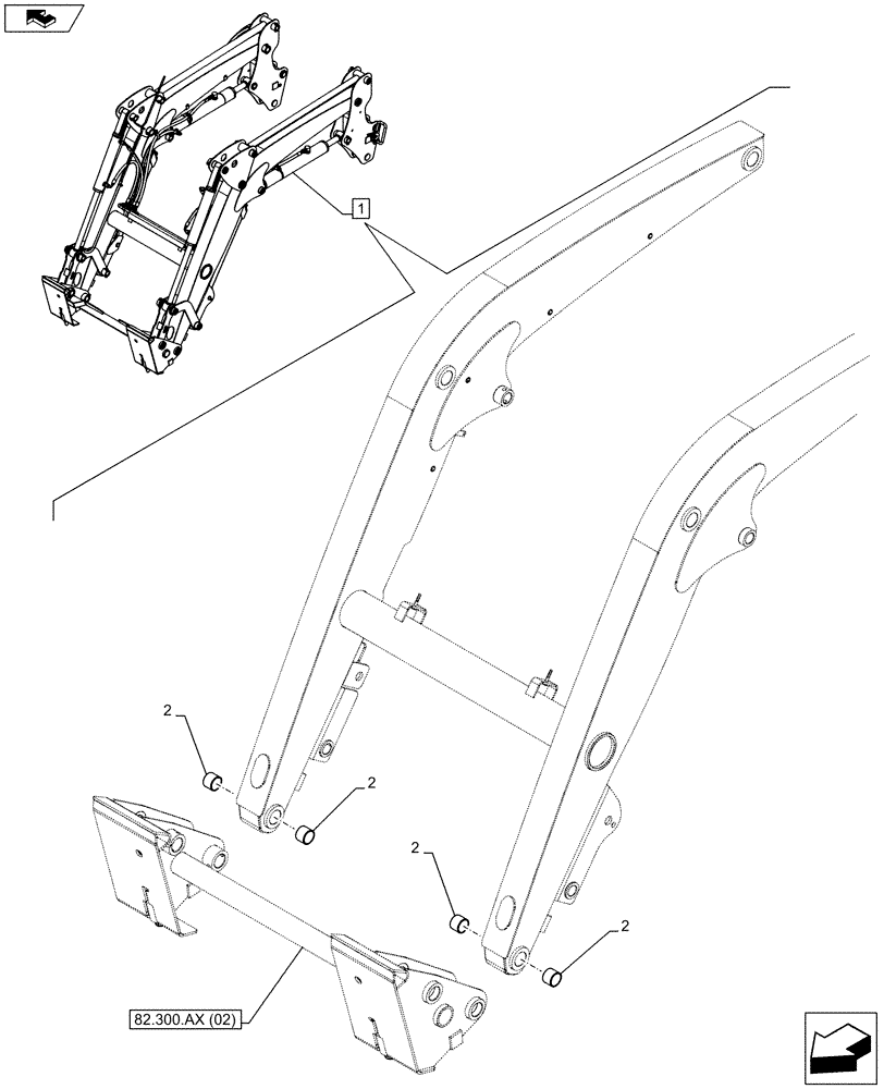 Схема запчастей Case IH FARMALL 95C - (82.300.AB[02]) - VAR - 334489, 335490 - LOADER BUCKET (SELF LEVELLING), BUSHING (82) - FRONT LOADER & BUCKET
