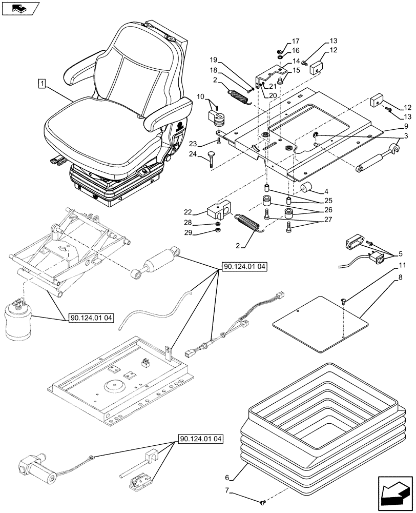 Схема запчастей Case IH FARMALL 65C - (90.124.01[05]) - FABRIC SEAT WITH SAFETY SWITCH, ARMREST AND AIR SUSPENSION - W/CAB (VAR.331850) (90) - PLATFORM, CAB, BODYWORK AND DECALS