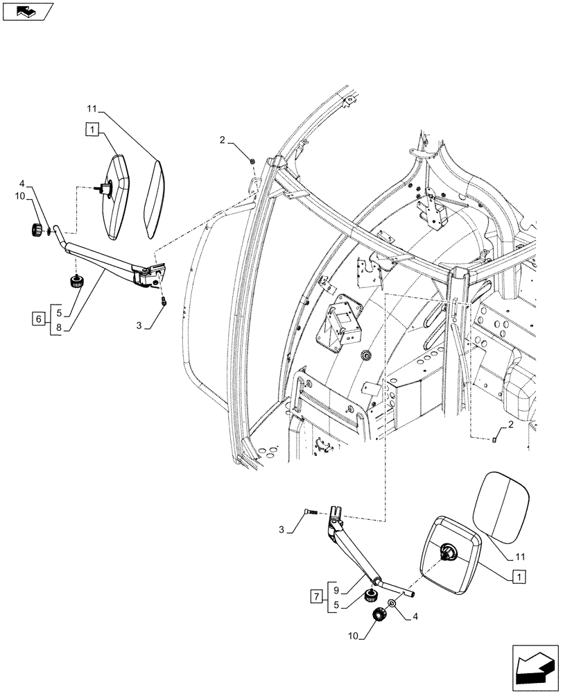Схема запчастей Case IH MAXXUM 110 - (90.118.BM[01]) - VAR - 335826, 390825 - TELESCOPIC REAR VIEW MIRROR, MANUALLY ADJUSTED (90) - PLATFORM, CAB, BODYWORK AND DECALS