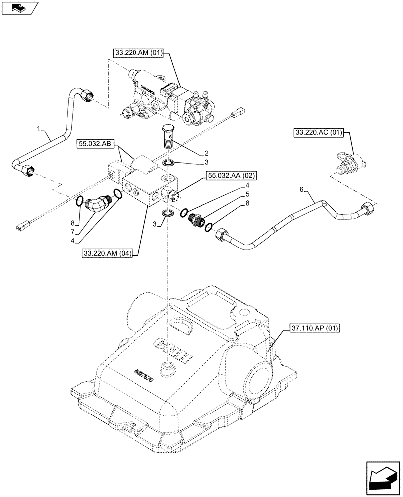 Схема запчастей Case IH MAXXUM 110 - (33.220.AC[02]) - VAR - 331723, 332302, 744785 - REMOTE CONTROL VALVE PIPE (33) - BRAKES & CONTROLS