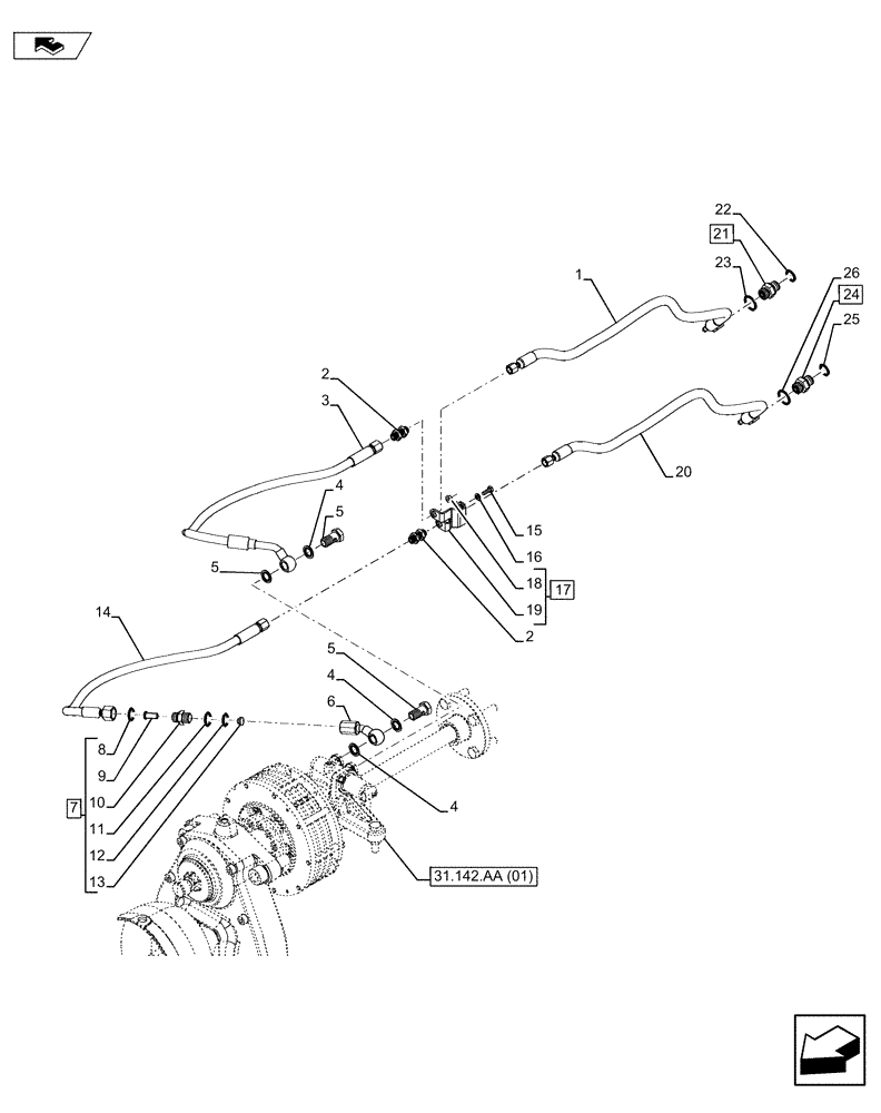 Схема запчастей Case IH MAXXUM 110 - (31.142.AF[03]) - VAR - 335648, 743700 - FRONT PTO, HYD. LINE (31) - IMPLEMENT POWER TAKE OFF