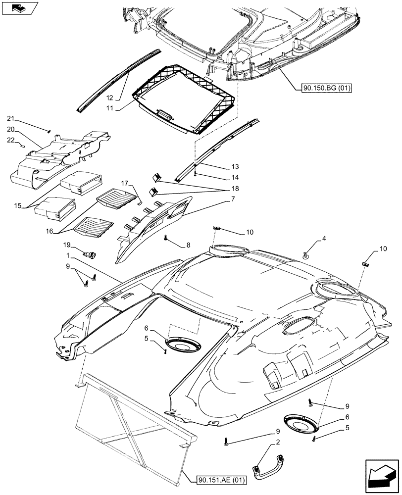 Схема запчастей Case IH MAXXUM 110 - (90.160.AX[02]) - VAR - 330520, 390579, 392500 - CAB HEADLINER W/HVW L/ELEC MIRRORS (90) - PLATFORM, CAB, BODYWORK AND DECALS