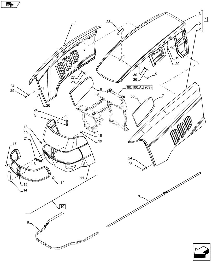 Схема запчастей Case IH MAXXUM 110 - (90.100.AU[02]) - VAR - 332285, 334959, 335789, 335791, 392500 - ENGINE HOOD (90) - PLATFORM, CAB, BODYWORK AND DECALS